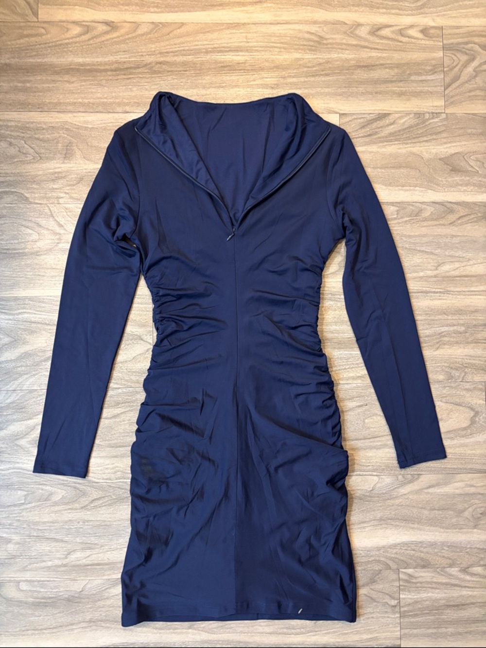 Long Sleeve Ruched Quarter Zip Navy Bodycon Dress